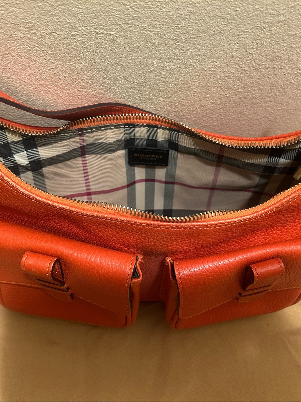 Burberry Bright Orange Pebbled Leather Double-Pocket Shoulder Bag - Picture 2 of 4